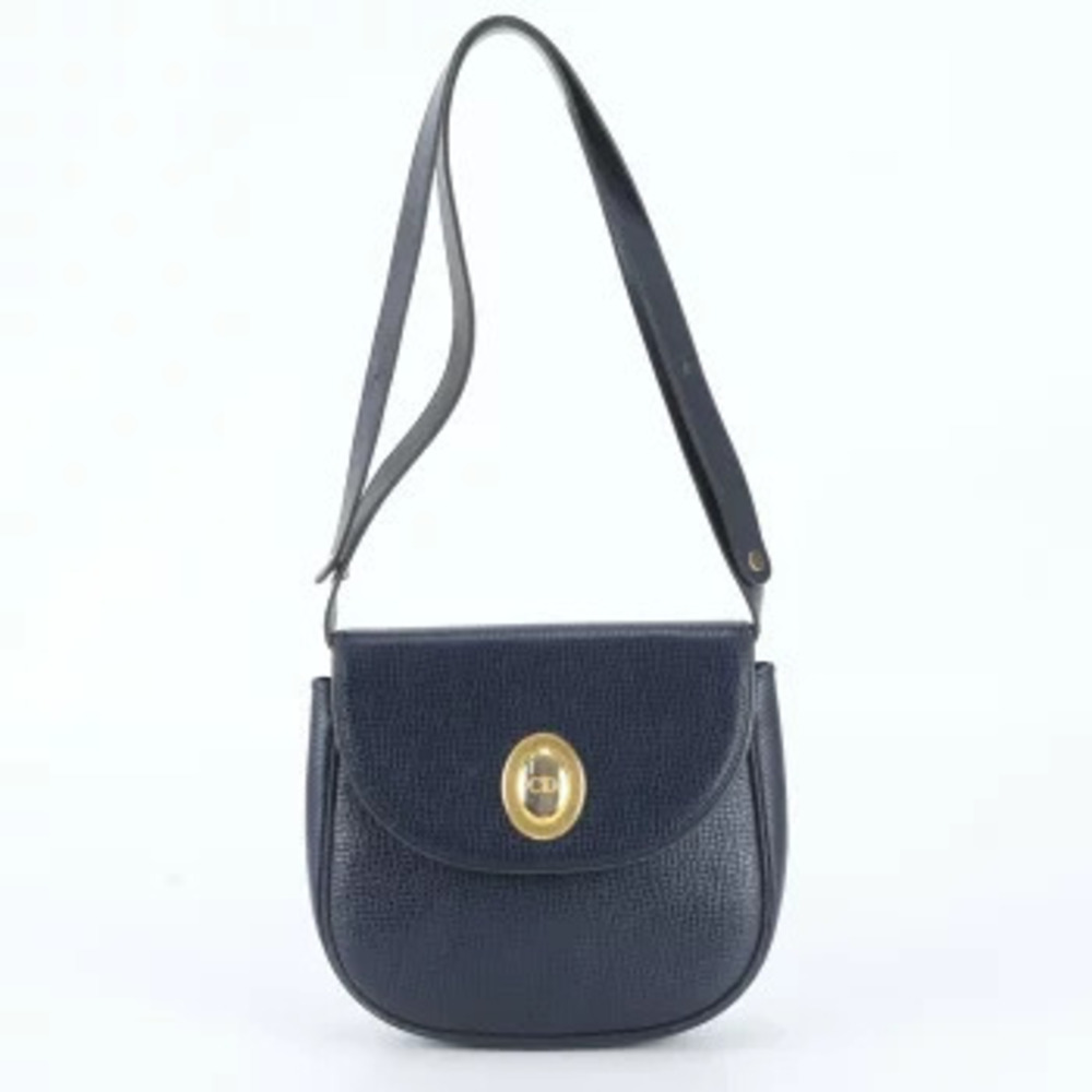Christian Dior Vintage CD Medallion Leather Crossbody Bag Navy Blue